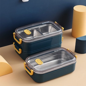 Boîte à déjeuner à deux niveaux en acier bleu avec boucles jaunes pour repas de bureau