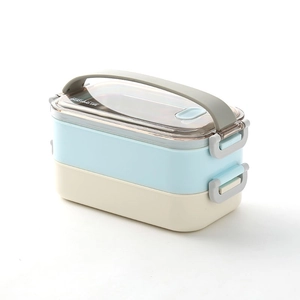 Boîte à déjeuner double couche en acier inoxydable 304 avec poignée bleue et beige
