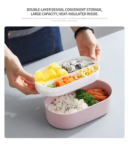 Detail view of double-layer oval bento box with divided compartments for meal prep