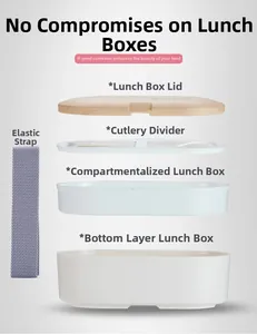 Exploded view of the white bento box showing wooden lid, utensils, and tiered compartments