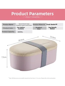 Detailed size chart for 800ML oval bento box with dimensions 20.5x11.5x7.5cm and food grade PP