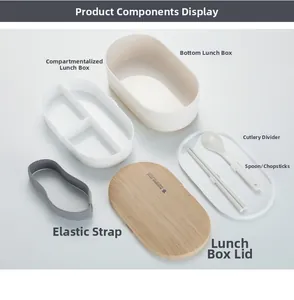 Detailed view of oval lunch box components including partitions, cutlery, and elastic band