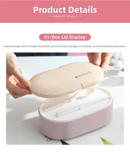 Detail view of pink oval lunch box with wooden lid featuring sealing ring and cutlery set