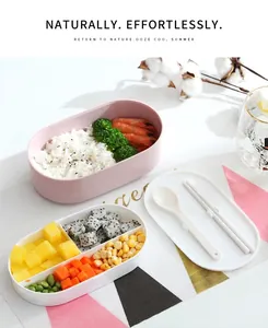 Pink oval bento box detail with divided compartments and built-in utensil storage