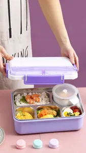 Details zur lila Edelstahl-Brotdose mit vier Fächern, Suppenschüssel und Deckel