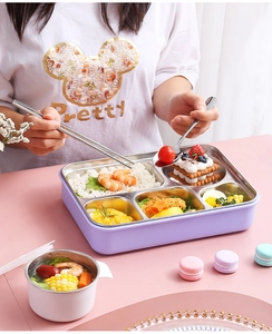 Vue détaillée du bento 5 compartiments en acier inoxydable 304 avec bol et couverts