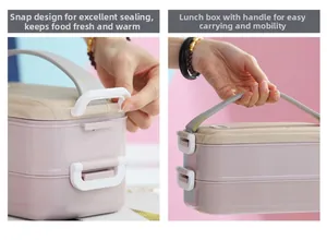 Detail showing leak-proof buckles and double-layer structure of the pink bento lunch box