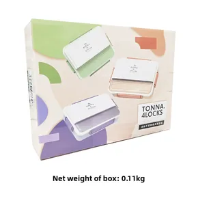 Kompakte Verpackung für Edelstahl-Brotdose mit 4-Schnallen-Design in drei verschiedenen Farben
