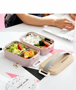 Detail view of double-layer 304 stainless steel lunch box with dividers and pink shell