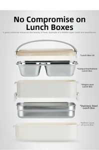 Exploded view of 304 stainless steel lunch box showing multi-layer compartments and handle