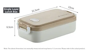 Detailed size view of single layer bento box with wood grain lid and cream base