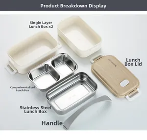 Detailed view of stackable 304 stainless steel lunch box components with wood grain lid