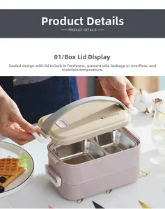 Detail of light pink double-layer bento box with wooden style lid and leakproof seal