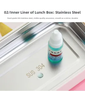 Detail of 304 stainless steel lunch box inner tray showing food-grade mirror finish