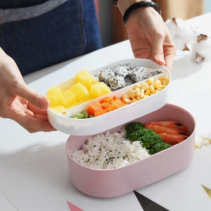 Dual-layer oval bento lunch box with compartments for students and office meals