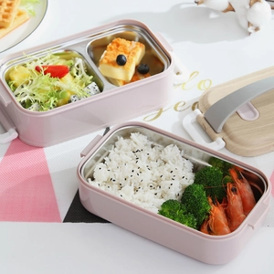 Boîte à déjeuner isolée en inox 304 rose avec couvercle aspect bois et poignée grise
