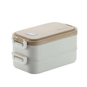 Boîte bento double couche en acier inoxydable avec couvercle style bois et boucles