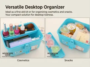 Boîte de rangement bleue à deux couches pour cosmétiques et snacks avec poignée de transport