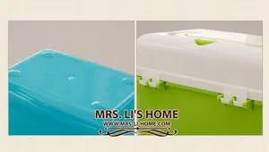 Vue macro de boîtes de rangement en plastique bleu et vert avec couvercles à charnière