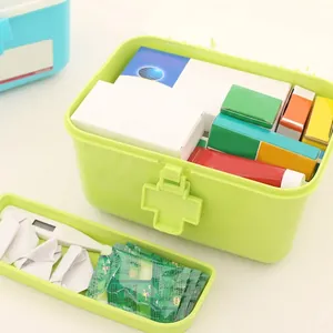 Boîte à pharmacie portable vert vif à double couche avec plateau de rangement amovible