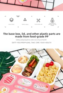 Detailansicht der rosa Katzenmuster Lunchbox mit mehreren Fächern und Besteck