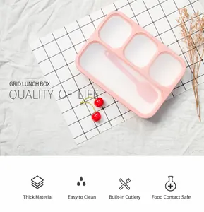 Pink 4-compartment lunch box set with matching spoon and transparent lid