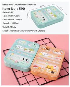 Detailansicht der 1000ml 5-Fächer japanischen Bento-Box mit PP-Material und Maßen