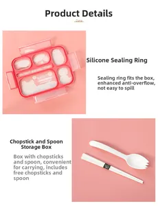 Rosa Bento-Box mit fünf Fächern inklusive Silikondichtung und passendem Besteckset