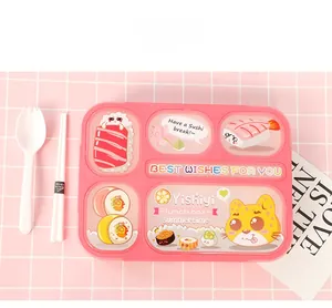 Rosa Bento-Box mit Cartoon-Sushi-Illustrationen und passendem Besteck-Set für Kinder
