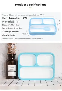 Detailed view of 1000ml blue 3-compartment lunch box with dimensions and spoon