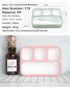 Slim four-compartment lunch box with dimensions 23x17x4.6cm and 1000ml capacity