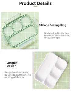 Detail of leakproof bento box showing silicone sealing ring and three divided compartments
