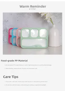 Detail of four-compartment food grade PP lunch boxes with spoons in assorted colors