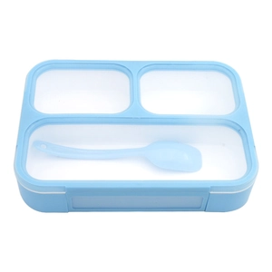 Three-compartment plastic bento box with spoon, blue and white minimalist lunch container