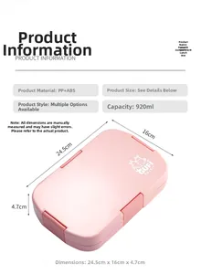 Pink 920ml 5-compartment bento box for kids showing dimensions and PP+ABS material