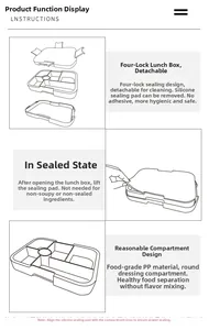 Detail of 5-compartment bento box with leak-proof silicone seal and snap locking clips