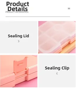 Detail view of pink 5-compartment bento box showing sealing lid and secure locking clips