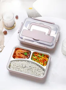 Three-compartment SUS304 stainless steel lunch box with pink shell and portable handles