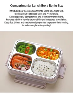 Detailed view of 304 stainless steel four-compartment lunch box for food separation