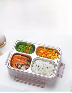 Detailed view of 304 stainless steel four-compartment lunch box for food separation