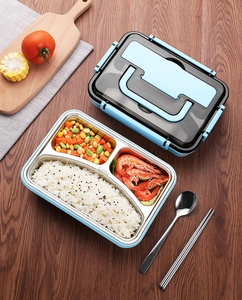 Three-compartment 304 stainless steel bento box with blue base and cutlery set