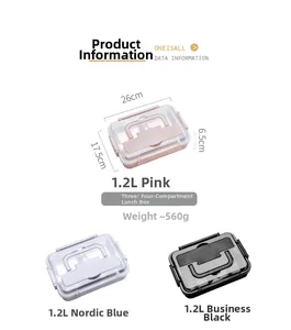 Three variants of 1.2L portable lunch boxes with compartmentalized trays and dimensions
