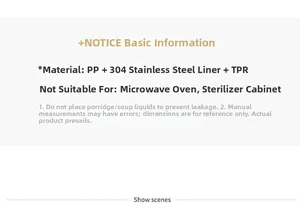 Information card showing 304 stainless steel material and microwave safety instructions