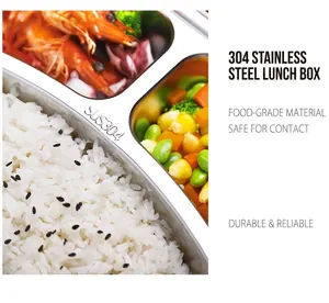 Detail of partitioned 304 stainless steel lunch box with rice, shrimp and vegetables