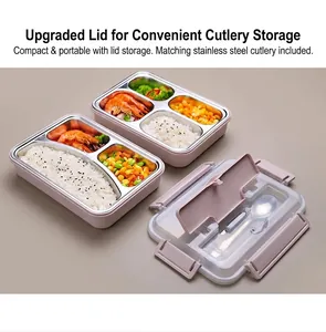 Detail of pink bento box showing stainless steel compartments and cutlery storage lid