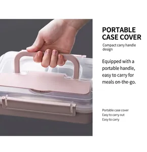 Detail of portable pink lunch box lid featuring a sturdy handle and secure side latches