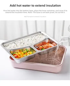Detailed view of 3-compartment SUS304 stainless steel lunch box with hot water heating system