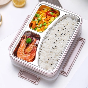 Portable 3-compartment stainless steel lunch box with pink shell and separated food