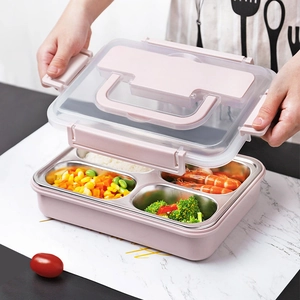 Portable 4-compartment stainless steel lunch box with pink shell and convenient handle