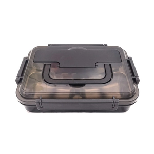 Portable stainless steel lunch box with divided compartments and a black sealing lid